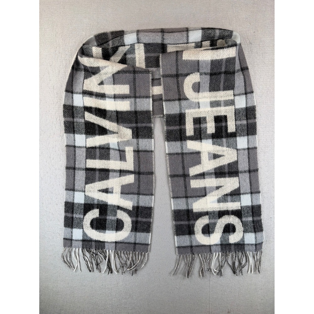 Calvin Klein Jeans Wool Cashmere Blend Plaid Logo Scarf Grey Black K50K506236